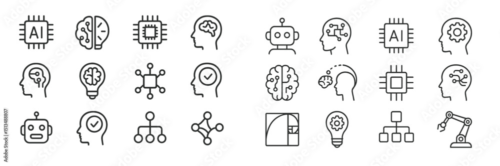 Poster icons representing artificial intelligence concepts with various designs and styles in a minimalist 
