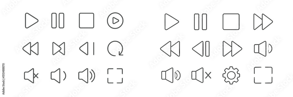 Poster collection of multimedia control icons displayed in simple line art style on a neutral background
