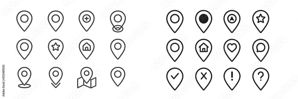 Poster set of diverse location markers with unique designs suitable for maps and navigation applications