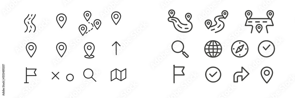 Poster collection of navigation and map icons representing various travel and location concepts for digital