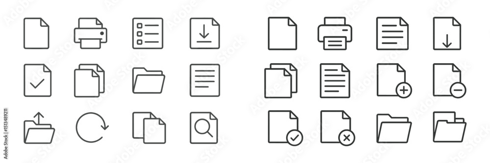 Poster simple line icons representing various document and printing functions in a clean layout suitable fo