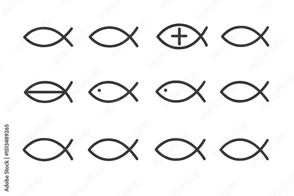 Poster series of fish symbols arranged in a grid pattern representing various interpretations and styles in