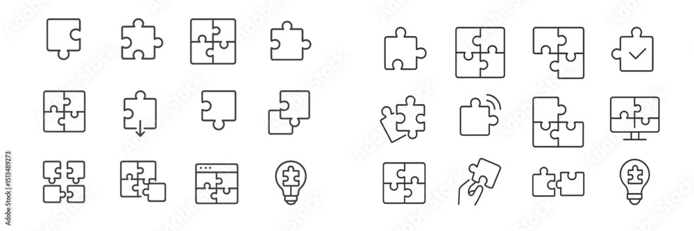 Poster collection of puzzle piece icons depicting various concepts related to problem solving and connectio