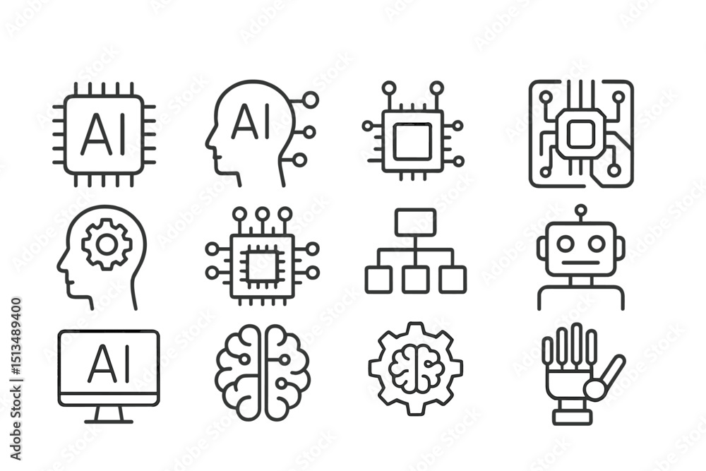 Poster collection of artificial intelligence icons representing technology concepts and applications