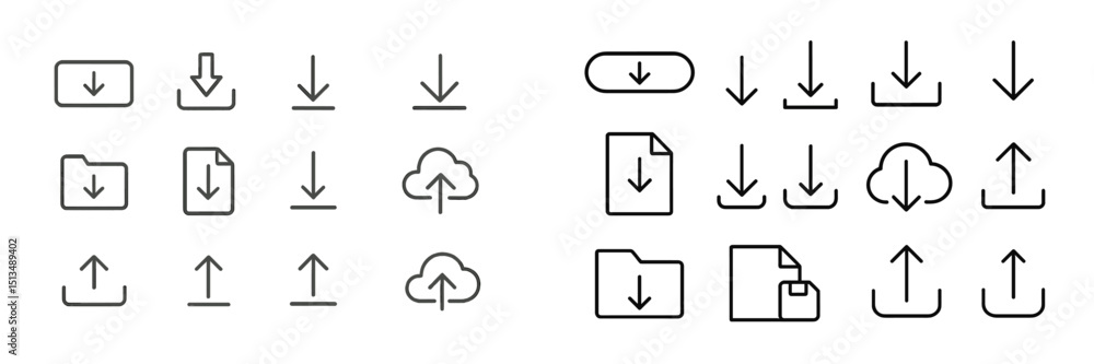 Poster various download and upload icons demonstrate digital file management in modern design style