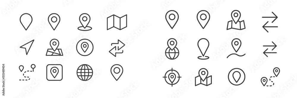 Poster collection of map and location icons displayed in a grid format for navigation and orientation use i