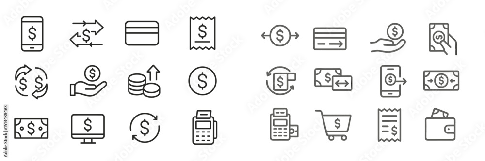 Poster financial transactions depicted through various icons illustrating payment methods, currency exchang