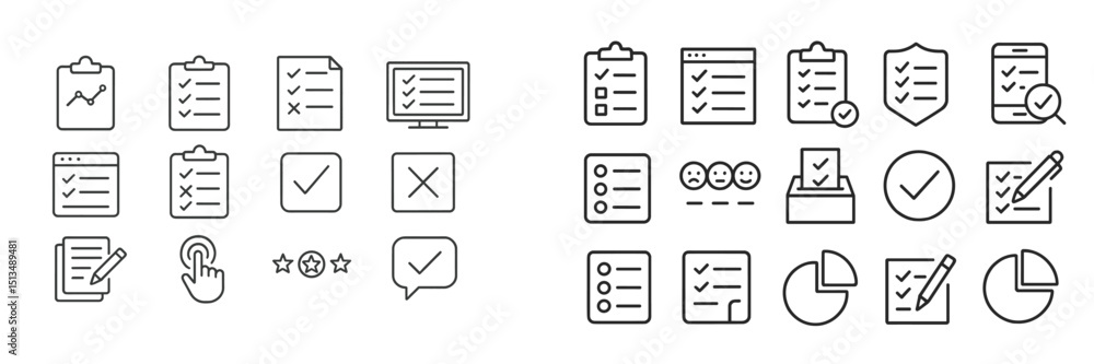 Poster collection of checklist icons illustrating various task management concepts and productivity tools