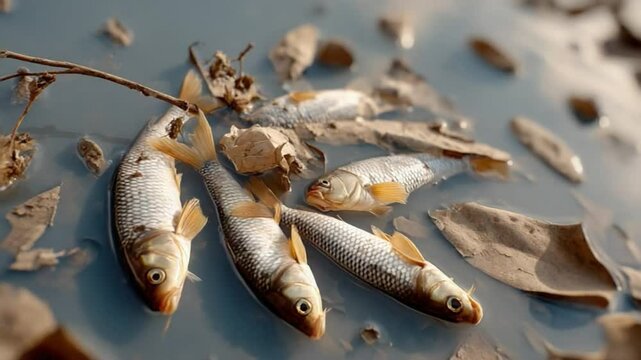 Silent Echoes: Dead fish float listlessly in polluted water, interspersed with lifeless debris, evoking a chilling testament to environmental decay.