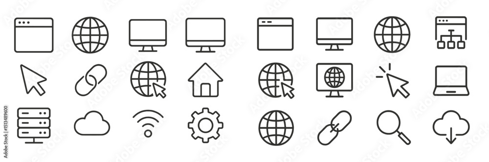 Poster collection of computer and internet-related icons in minimalistic style showcasing various digital e
