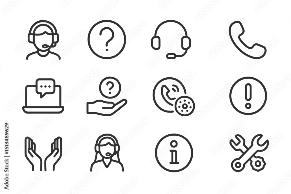 Poster support and assistance icons representing various customer service activities in a modern digital en