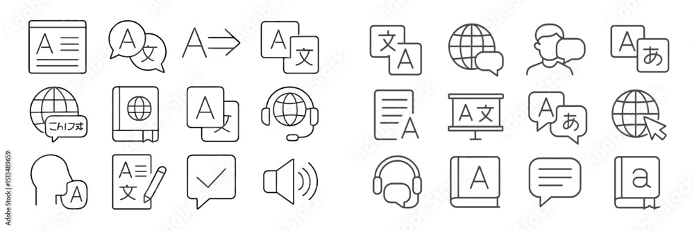 Poster language learning icons featuring various tools for communication and translation in a digital layou