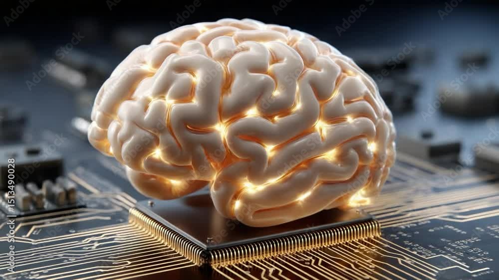 Poster digital brain: a glowing representation of the brain rests upon a high-tech circuit board, symbolizi