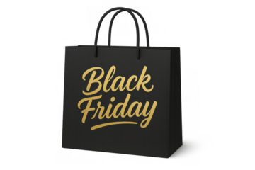 Black friday shopping bag with golden lettering on transparent background