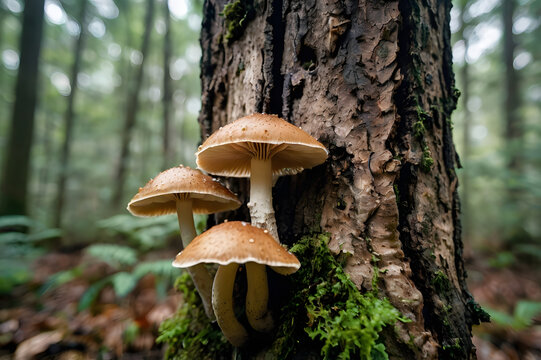 Mushrooms growing on the side of a tree trunk in a lush forest setting, showcasing natural fungi habitat and woodland environment.

