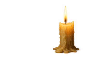 Burning candle with melted wax on transparent background