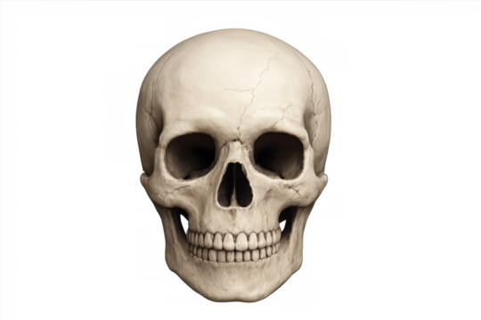 Human skull facing forward on transparent background