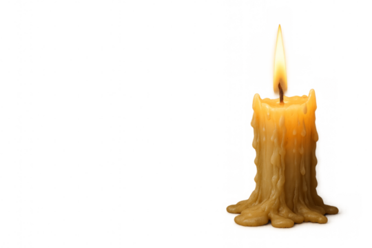 Burning candle with melted wax on transparent background