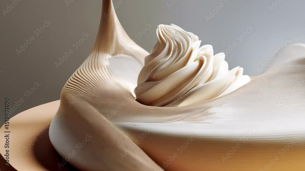 Poster abstract wavy forms with a central spiral peak and horizontal lines on a plain neutral background in