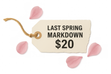 Last spring markdown twenty dollars label with pink petals on transparent background