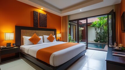 A hotel room with a comfortable bed, neatly arranged for guests.