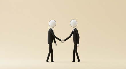 Obraz premium Minimalist stick men in suits shaking hands, ideal for HR materials, contracts, or onboarding visuals.