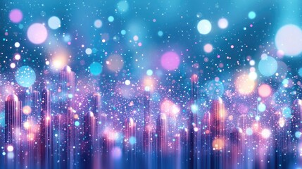 A futuristic city skyline bathed in vibrant, glowing light.