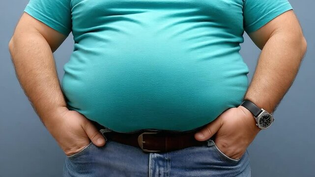 Body shape concern: A person, captured in a focused, mid-shot perspective, showcases their torso and lower abdominal area, a subtle yet poignant commentary on personal physical state.