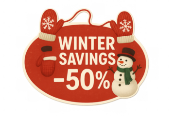 Winter savings 50% off discount with snowman and mittens