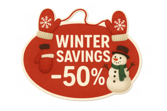 Winter savings 50% off discount with snowman and mittens