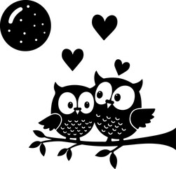 Fototapeta premium Owl Couple Silhouette with Hearts vector design