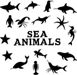 Obraz premium Sea Animals Silhouettes Collection vector bundle design