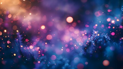 Abstract Bokeh Lights with Fern Leaves Background in Blue and Purple