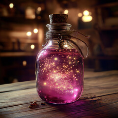 Photorealistic Close-Up of Glowing Pink Magic Potion in Vintage Glass Bottle on Wooden Table – Fantasy Elixir with Sparkles in Warm Candlelit Setting