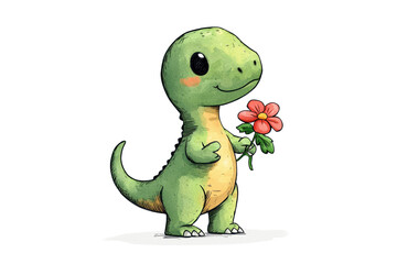 Fototapeta premium Adorable Green Dinosaur Holding a Red Flower Cute Cartoon Illustration for Kids
