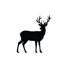 Silhouette of a deer with antlers standing in profile on a white background. Ideal for wildlife, forest, hunting, or nature-themed designs. Perfect for icons, logos, or decorative use.