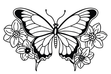 Fototapeta premium Elegant Butterfly with Flowers Black and White Line Art Illustration