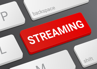 Fototapeta premium Close Up Streaming Button on Laptop or Computer Keyboard for Live Video, Online Broadcasting, Media Playback, and 3D Technology Interface Illustration