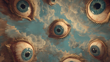 visual identity for art film | ego multiplicity | dreamlike confusion | burnt sienna and cyan | asymmetric depth fold | eyeballs in sky | precision surreal anatomy | obsessive fine rendering | inner