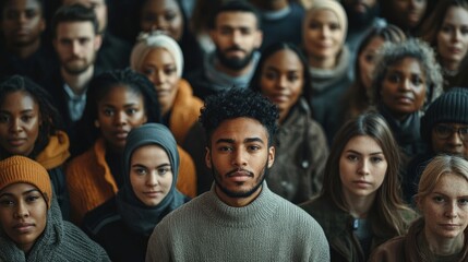 A diverse group with one person standing out in a crowd, highlighting individuality.