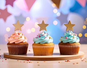 Mini cakes avec cr&egrave;me color&eacute;es et d&eacute;cor&eacute;s par des pastilles de sucre et des &eacute;toiles pour un anniversaire d'enfant. Generated Image. 