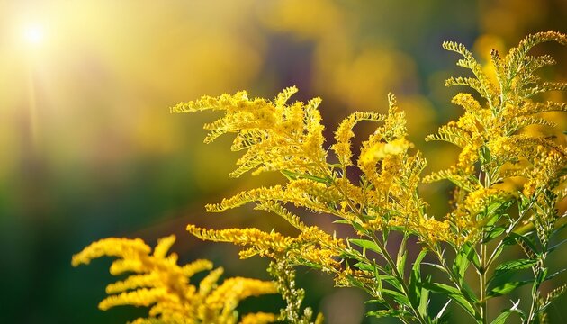 european goldenrod solidago virgaurea yellow flowers closeup selective focus