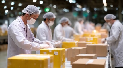 Workers in a warehouse are diligently packing boxes for delivery. The scene shows focus and teamwork in a professional setting. This image captures the essence of logistics. AI