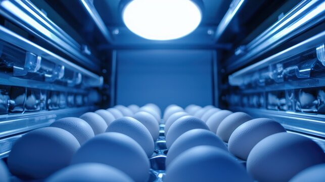 A close-up of eggs arranged neatly inside a temperature-controlled incubator.