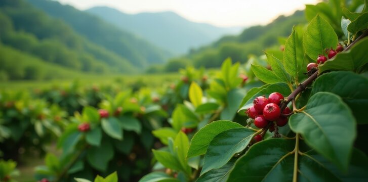 Dense green coffee plants with bright red berries in a serene landscape, greenery, tropical, foliage