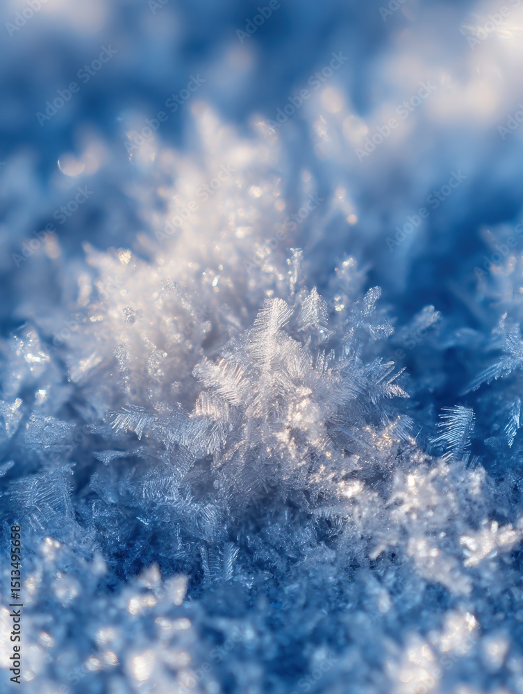Poster Macro Texture of Intricate Frost Crystals Forming on Frozen Packaging With a Clear Center Zone Under Cool Atmospheric Conditions