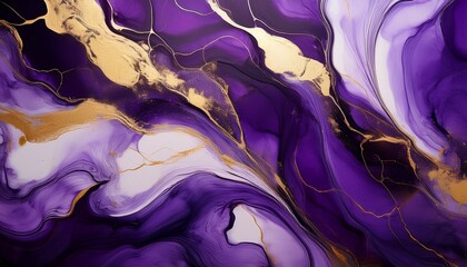 modern art painting in alcohol ink abstract violet purple fluid art with gold luxury marble stone texture background