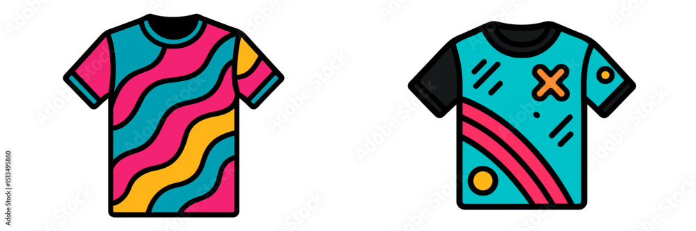 Poster colorful graphic t-shirts displayed against a simple background showcasing vibrant design elements a