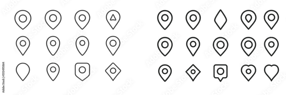 Poster various map pin icons displayed in a grid pattern with unique designs representing location markers 