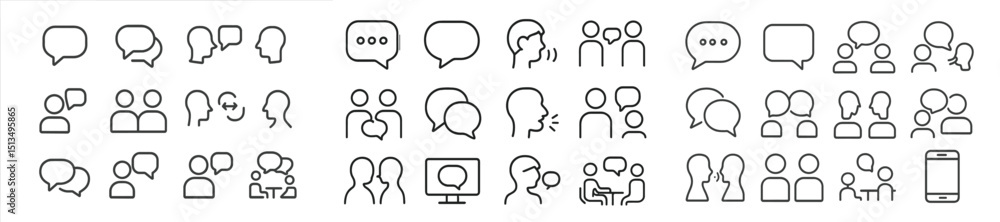 Poster collection of minimalist icons depicting various communication scenarios and social interactions